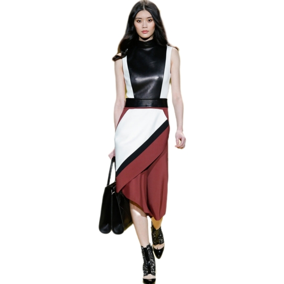 ◇$3,800 NEW W TAG J. MENDEL LEATHER LACE ASYMMETRIC MAROON MULTI RUNWAY DRESS 10 - Picture 2 of 10